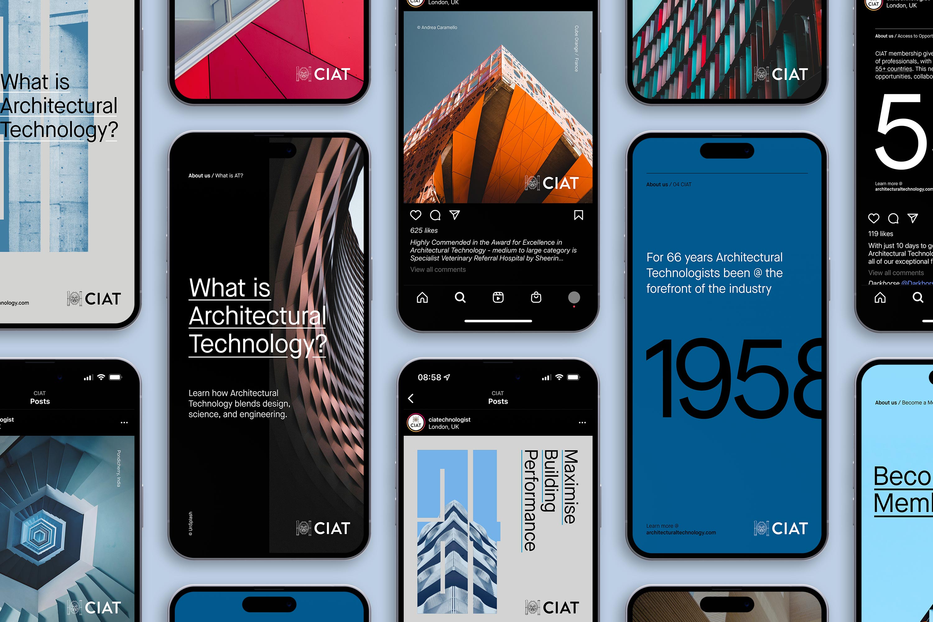 Chartered Institute of Architectural Technologists (CIAT) social media campaigns displayed across various mobile devices, created by Darkhorse Design.