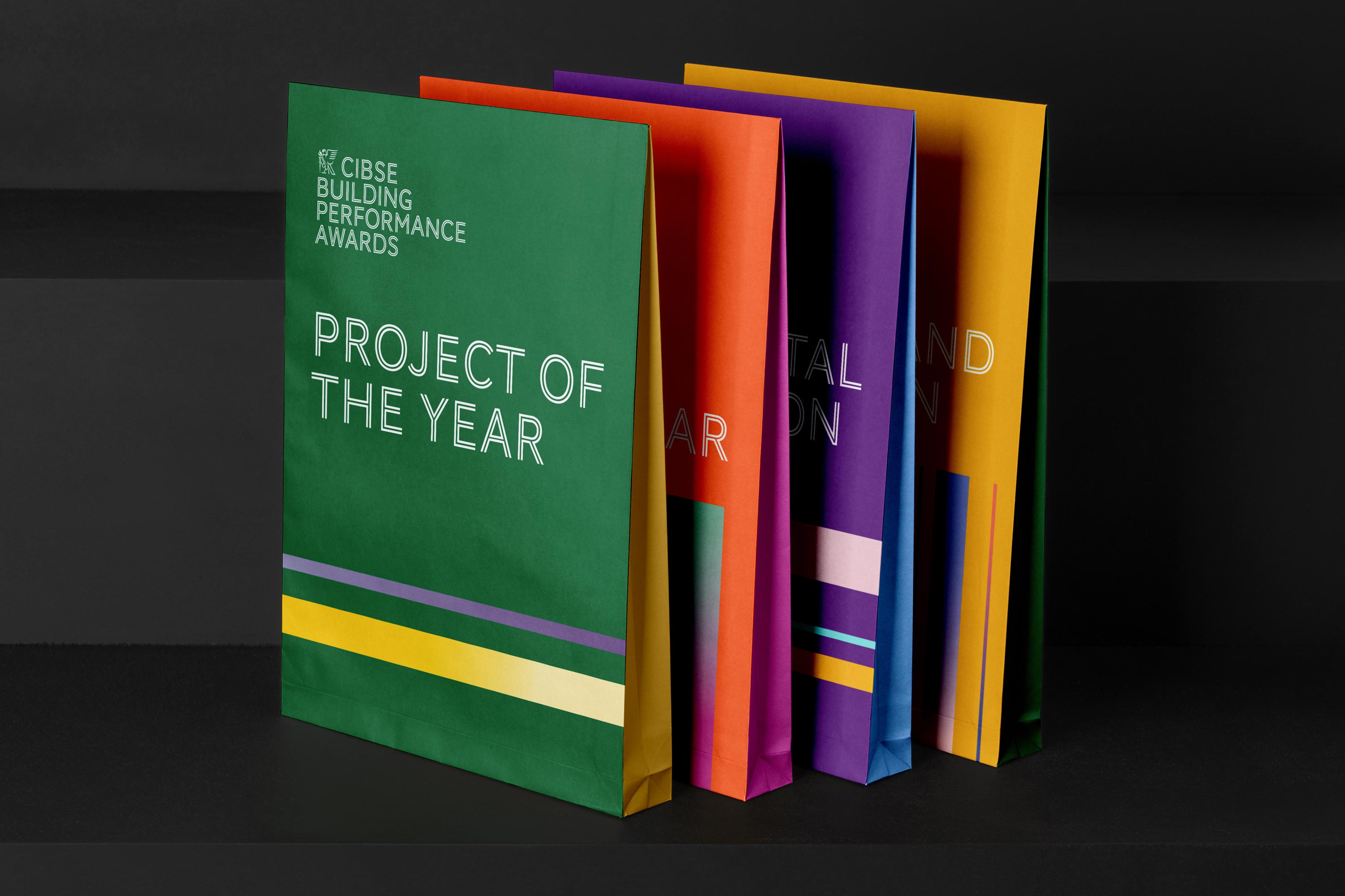 Packaging for the Chartered Institute of Building Services Engineers (CIBSE) Building Performance Awards, featuring the identity created by Darkhorse Design.