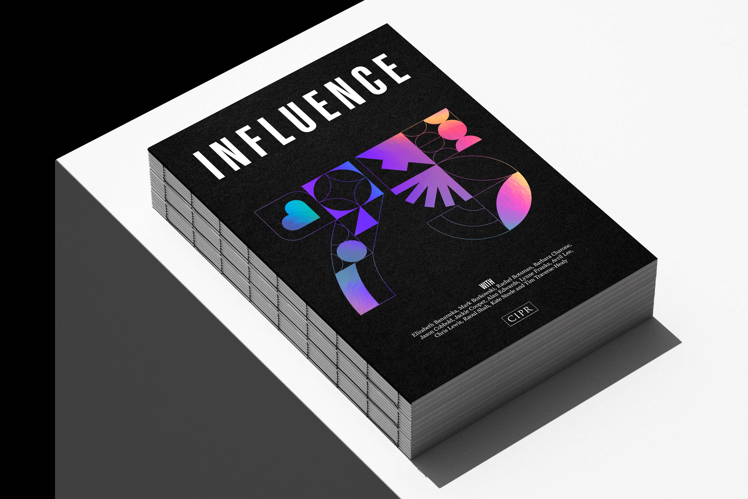 Chartered Institute of Public Relations (CIPR) 75th anniversary Influence magazine, featuring a uniquely crafted '75' printed with holographic foil, designed by Darkhorse Design.