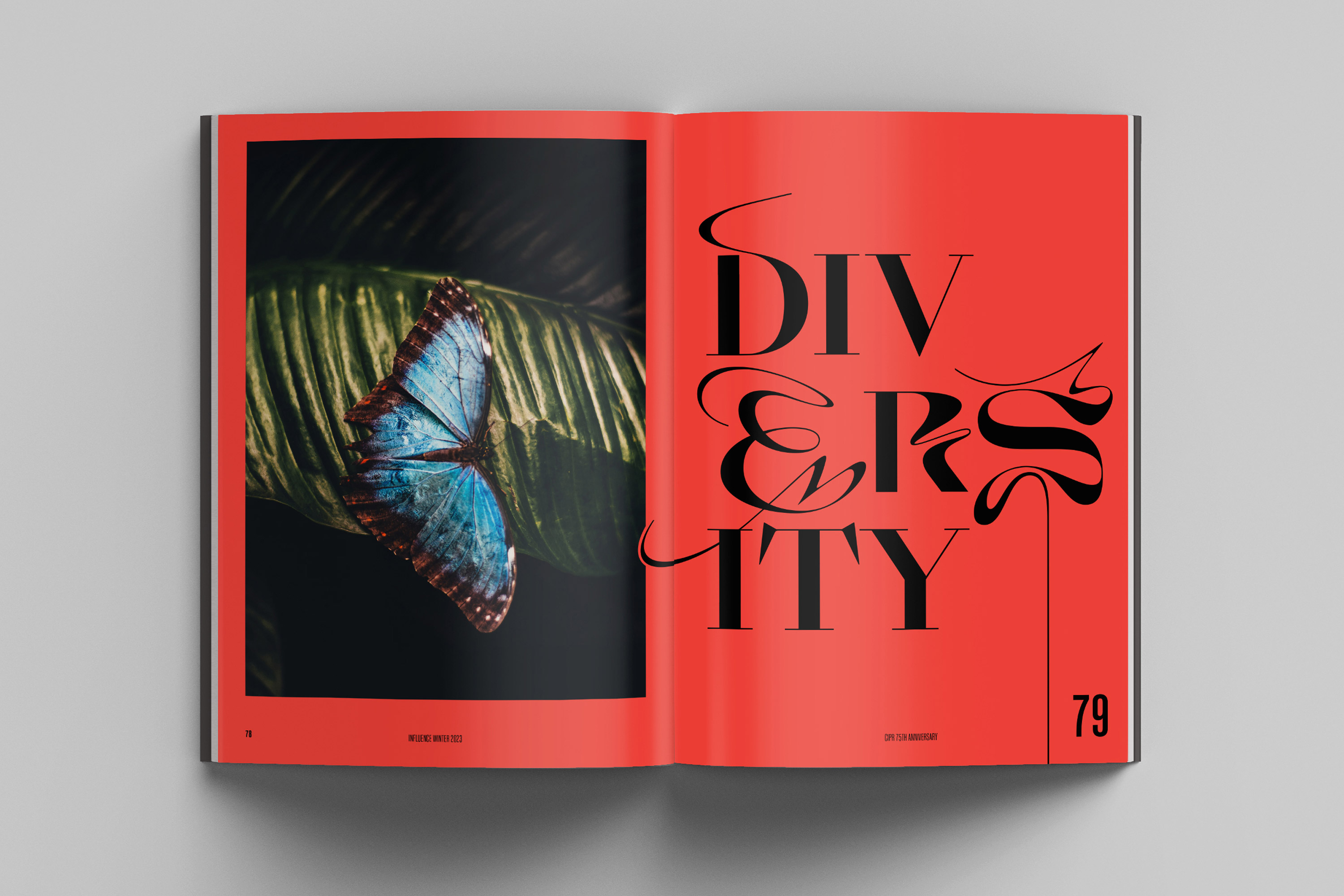 Chartered Institute of Public Relations (CIPR) 75th anniversary Influence magazine, featuring a spread on Diversity with a clean layout, striking butterfly imagery, and engaging typography, designed by Darkhorse Design.