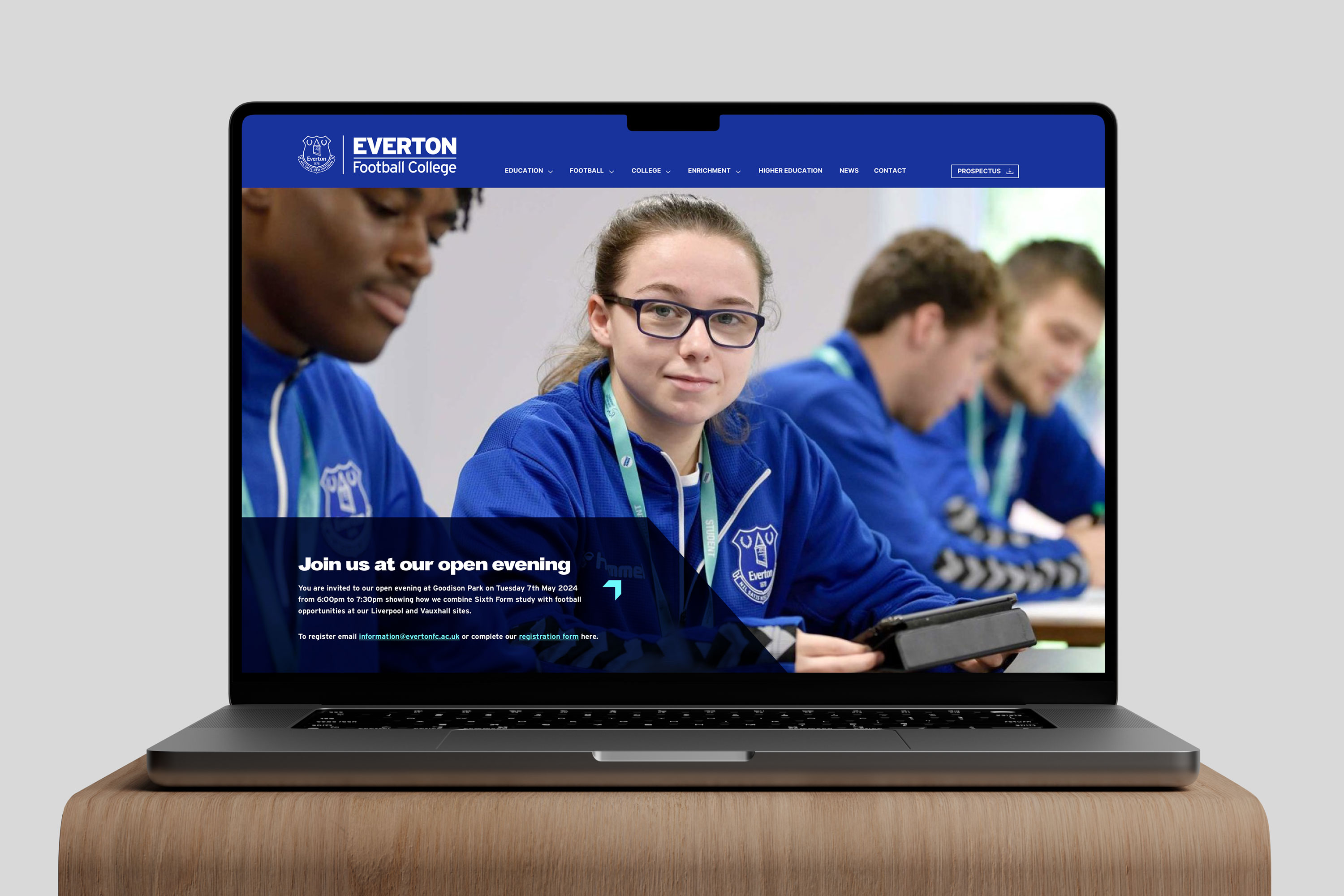 Design and implementation of the Everton Football College website, featuring a user-friendly platform to showcase educational and football development programs, created by Darkhorse Design.