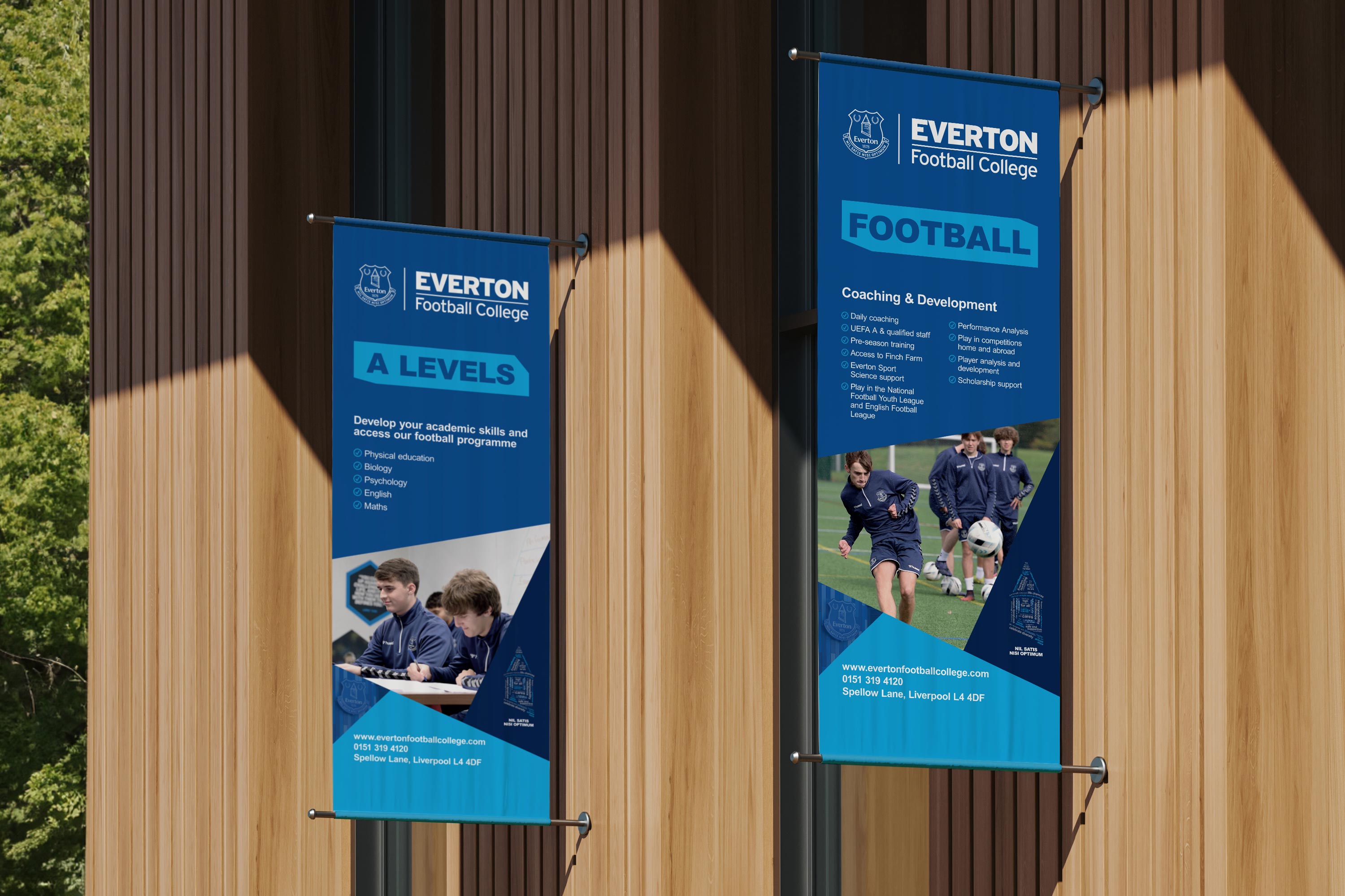Design of promotional campaign for Everton Football Club, highlighting courses, training opportunities, career pathways and social value in football for prospective students, created by Darkhorse Design.