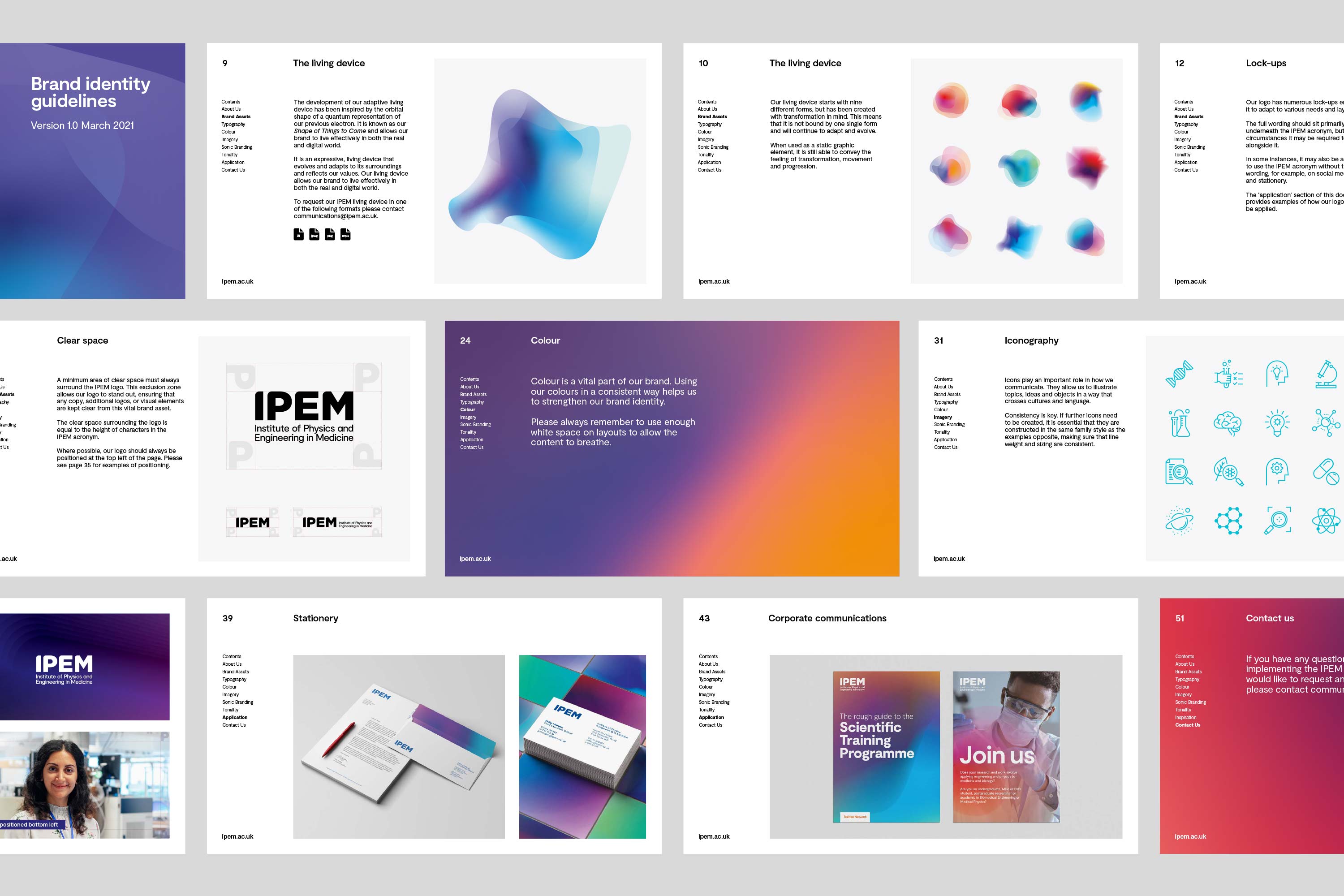 Pages from the Institute of Physics and Engineering in Medicine (IPEM) brand identity guidelines, created by Darkhorse Design.