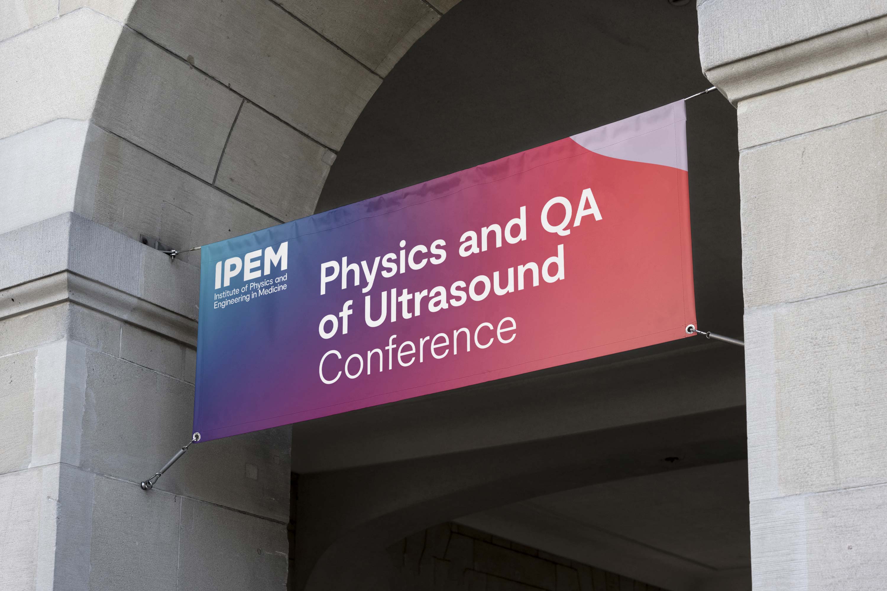 External banner promoting the Institute of Physics and Engineering in Medicine (IPEM) Physics and QA of Ultrasound conference, featuring the new brand identity designed by Darkhorse Design.