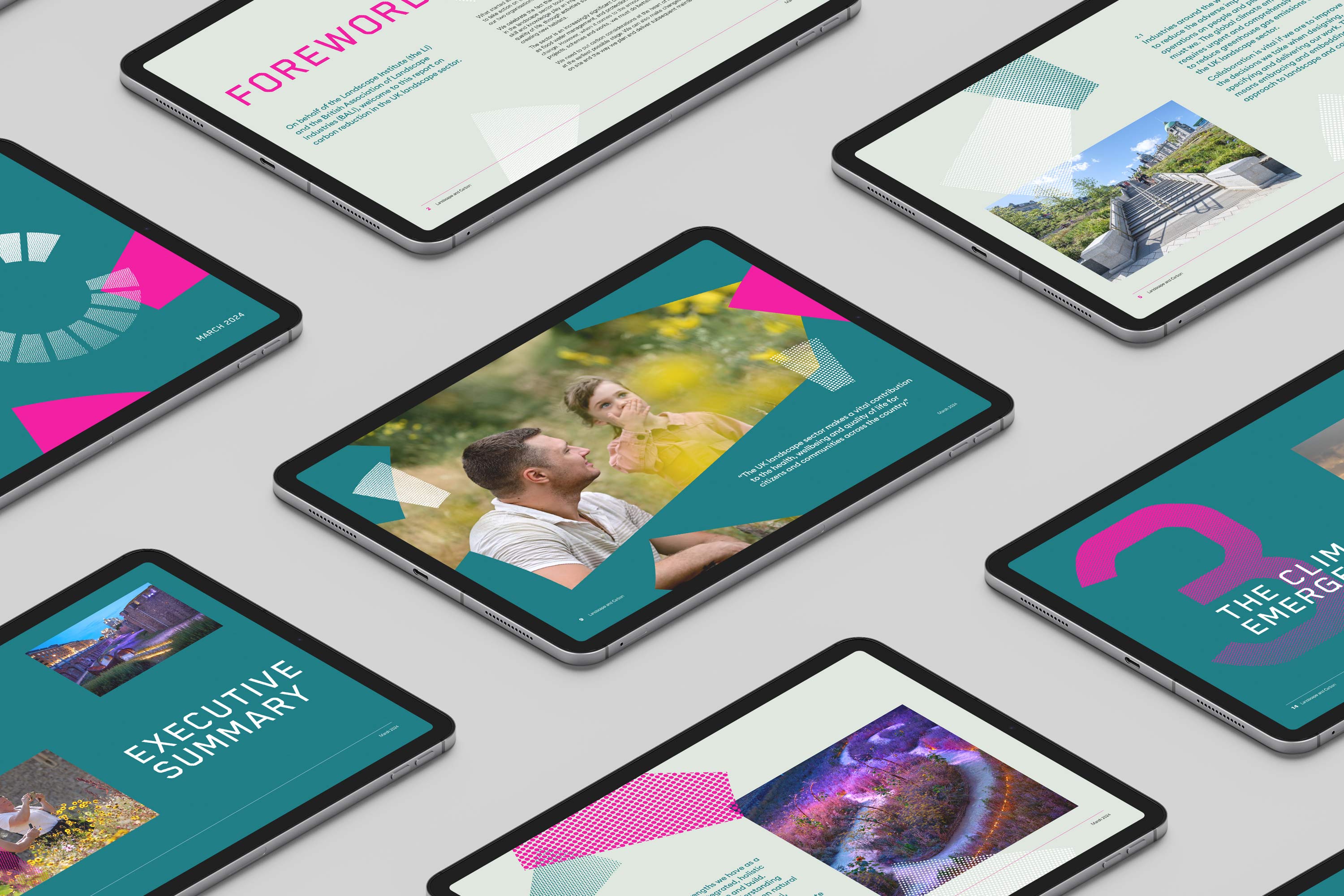 Digital devices displaying layouts from the 'Landscape and Carbon' joint report by the Landscape Institute and British Association of Landscape Industries, created by Darkhorse Design.