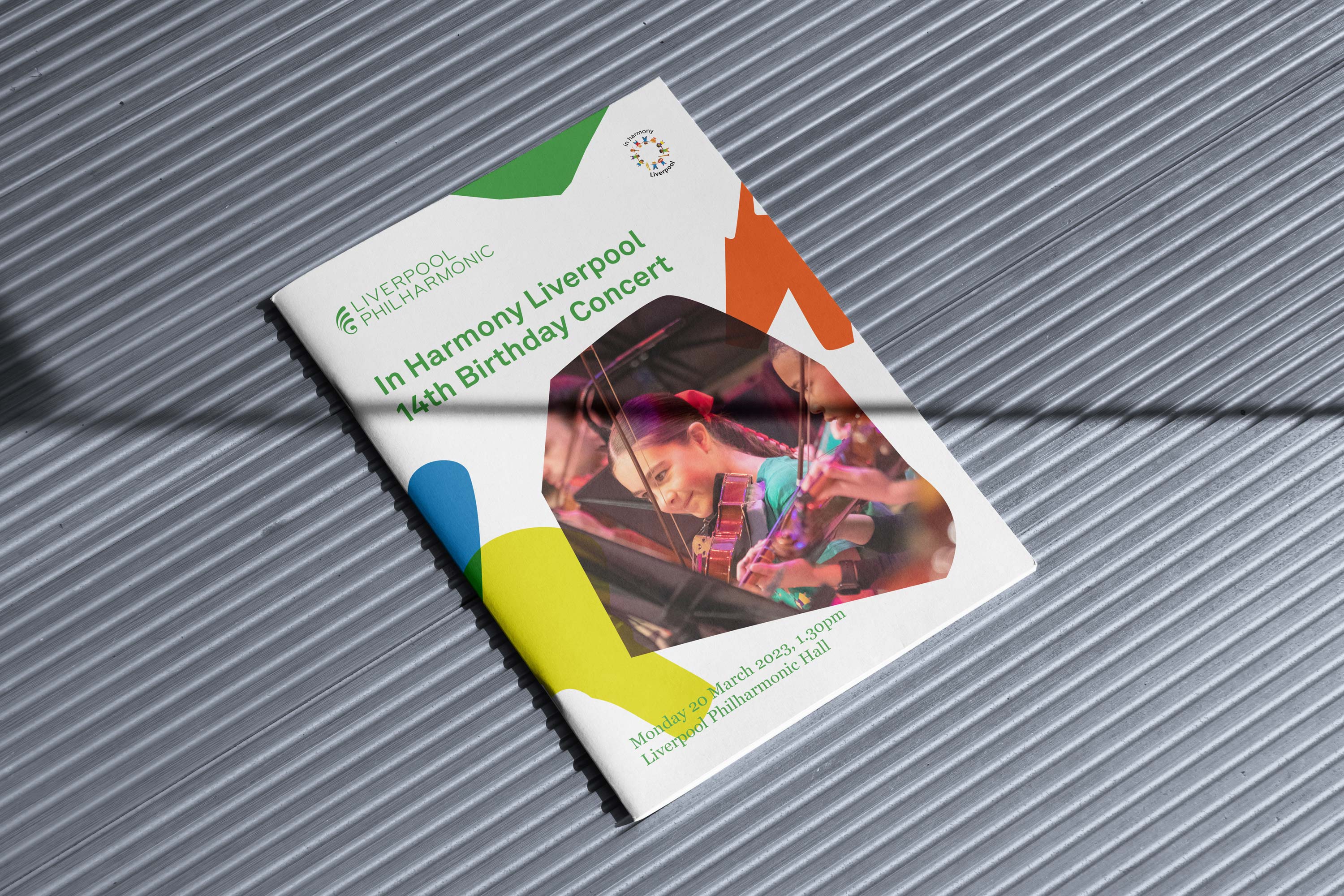 Identity and concert programme for Liverpool Philharmonic's In Harmony, a music education initiative engaging children and young people in music-making across Liverpool schools and communities, created by Darkhorse Design.