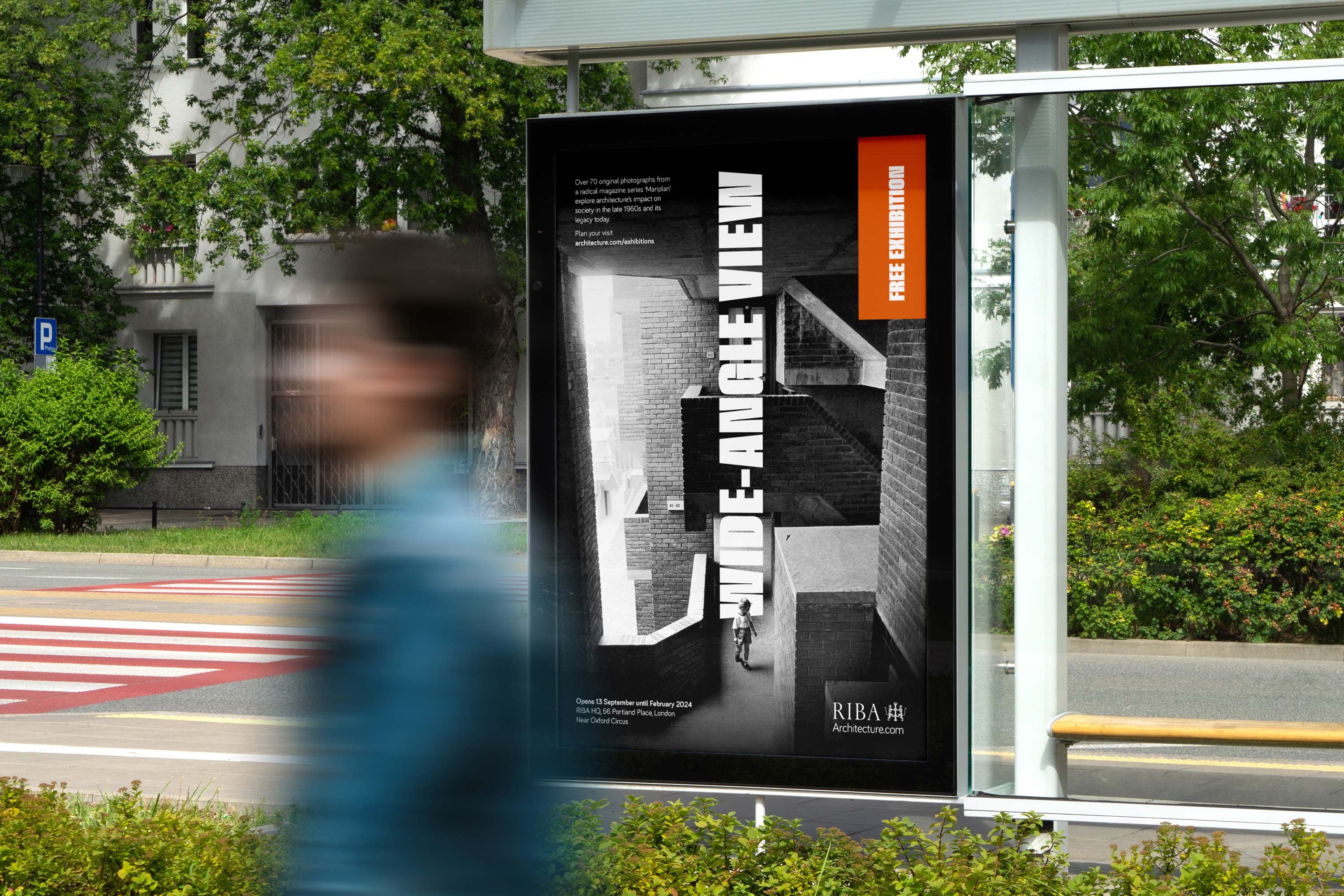 Royal Institute of British Architects (RIBA) Wide-Angle View exhibition campaign identity poster, exploring architecture’s impact on society, designed by Darkhorse Design.