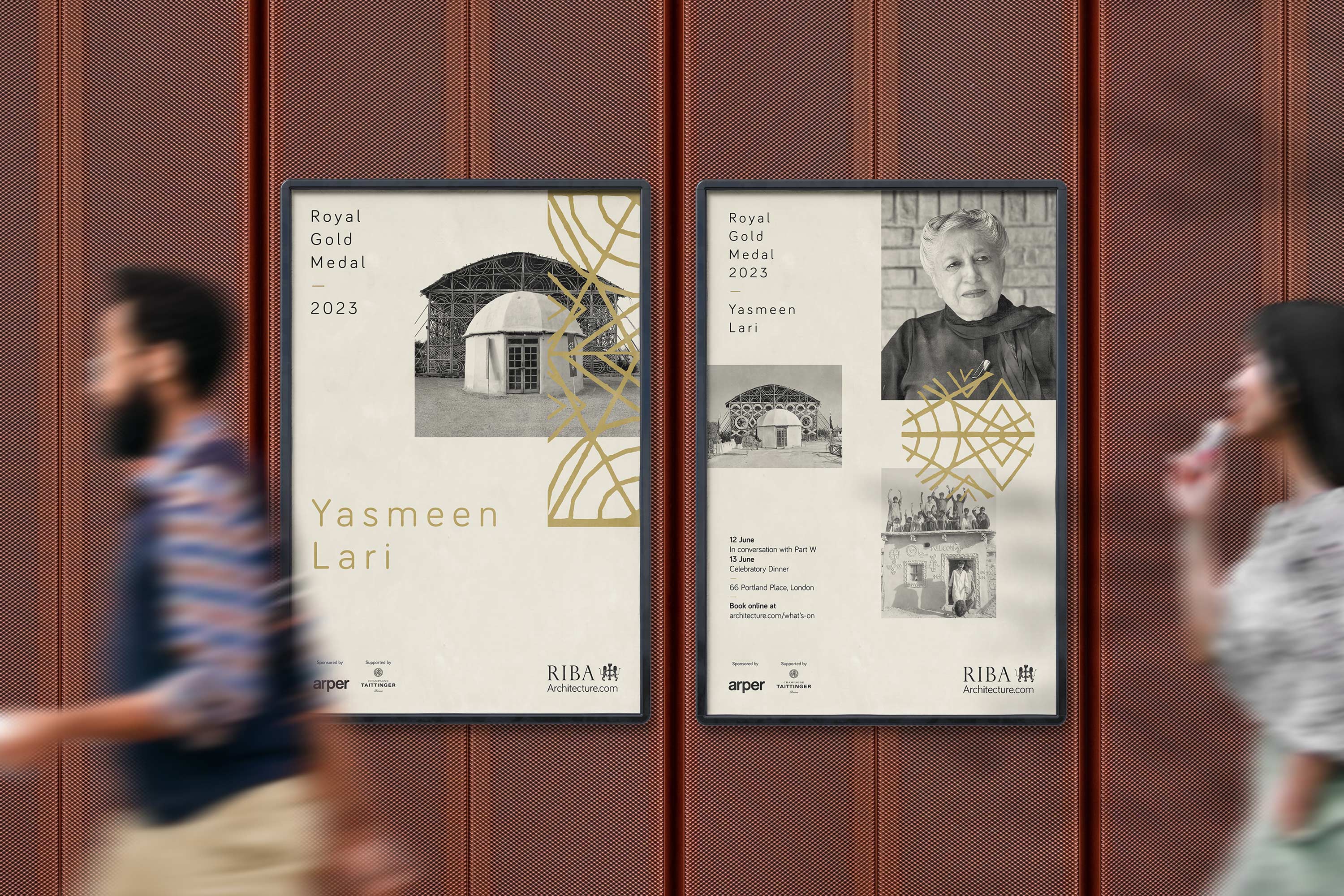 Royal Institute of British Architects (RIBA) Royal Gold Medal campaign identity and multiple poster designs celebrating architect Yasmeen Lari, created by Darkhorse Design.